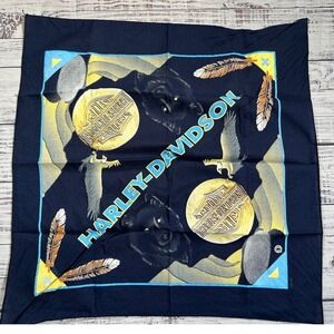 Vintage Harley Davidson Bandana Blue Eagle Wolf Feather Graphic Print